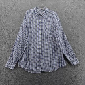 Peter Millar Linen Button‎ Down Shirt Size XL Blue Beige Plaid Mens Long Sleeve